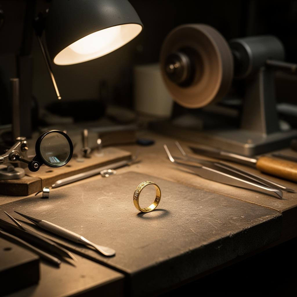 Jeweller's workbench with loupe, tweezers and polishing wheel